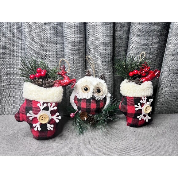 Cottage Core Red Buffalo Plaid Mitten Tree Owl Farmhouse Ornaments Lot - Picture 1 of 6